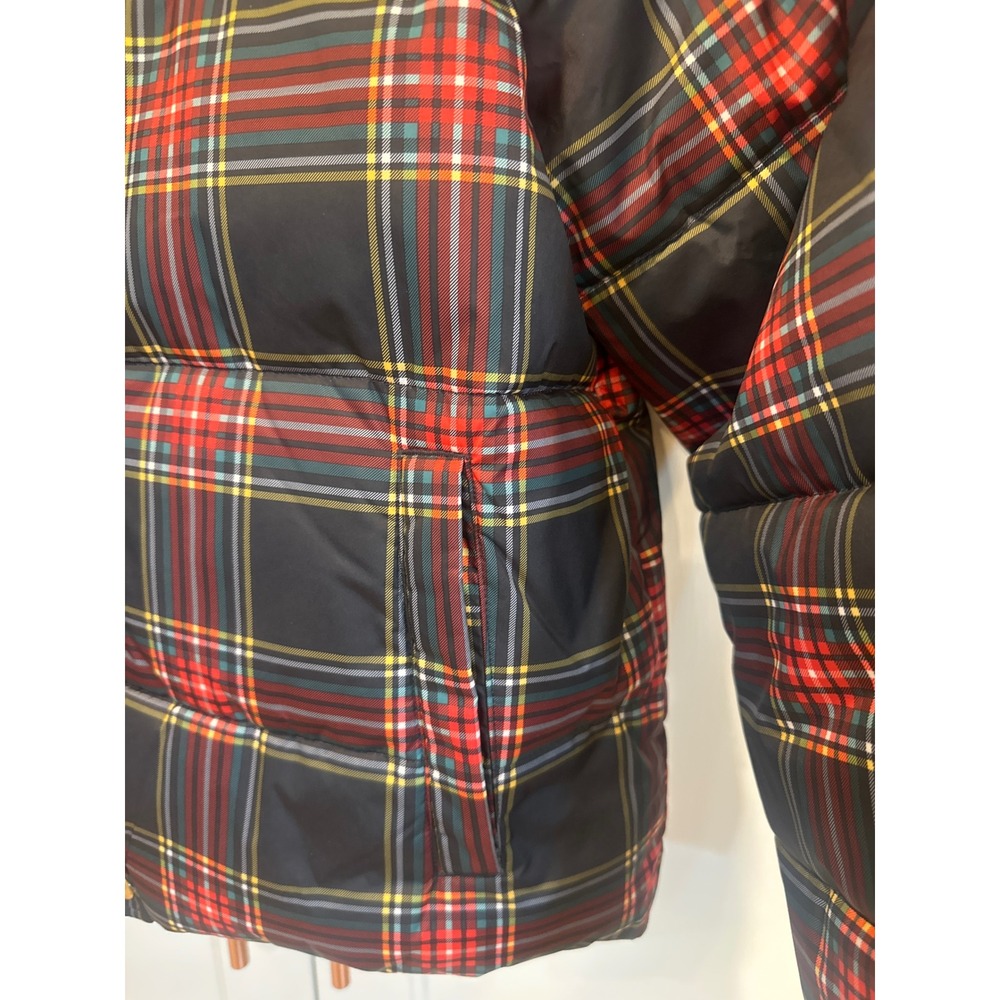 J.Crew Womens Plaid Puffer Jacket Navy Red boho Tartan Quilted Coat Large preppy - Picture 4 of 10